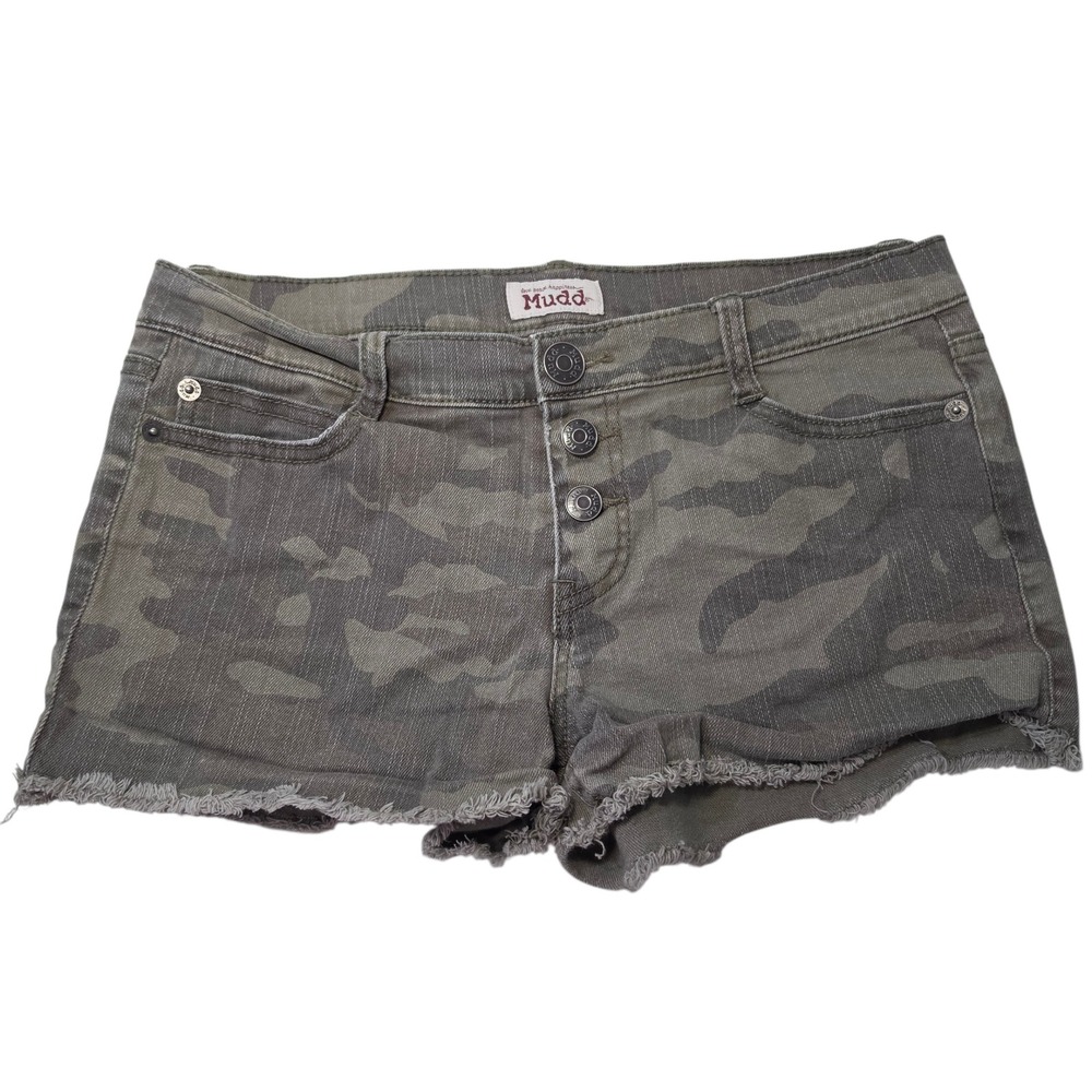 Vtg Mudd Womens Camo Denim Shorts Sz 7 Olive Green Camouflage Button Fly Raw Hem